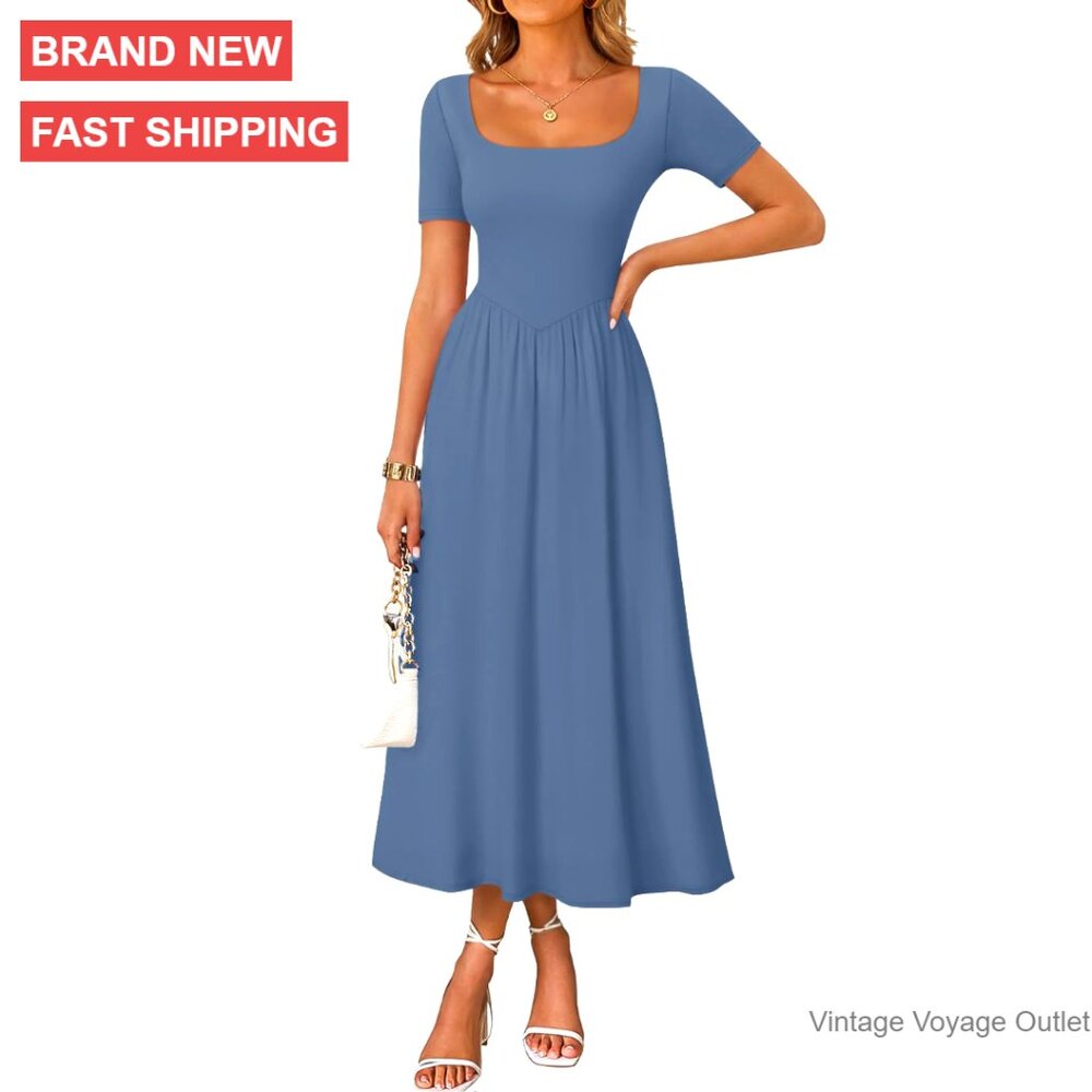 Summer Cocktail Dress Square Neck Short Sleeve Midi Slim Fit Flowy